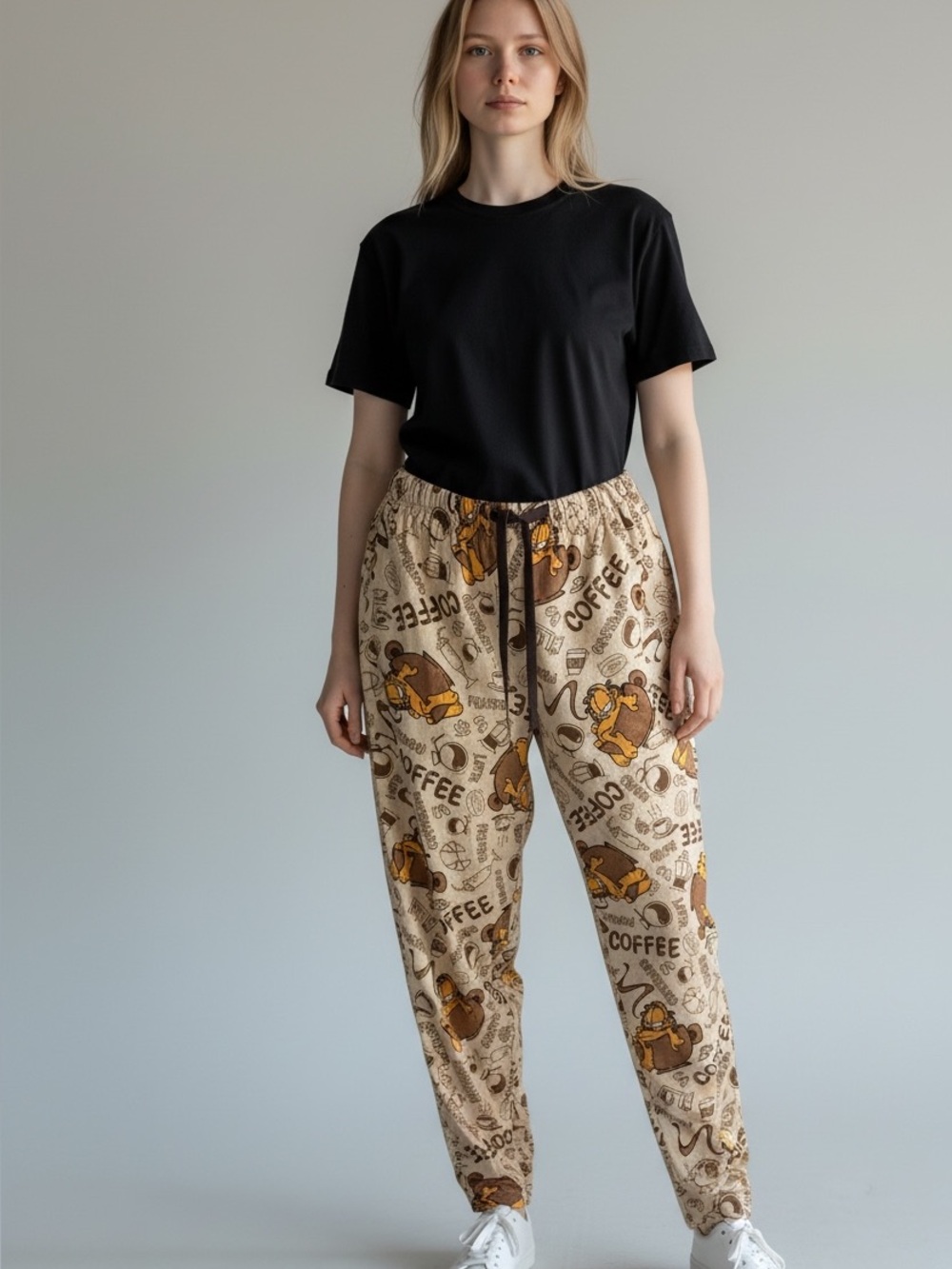 Garfield Coffee Print Jogger Lounge Pajama Pants Beige Brown Comfy Size M